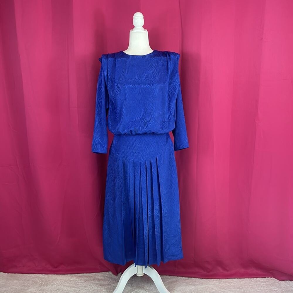 Vintage 80s unbranded blue‎ silky blouson basque waist midi dress, med